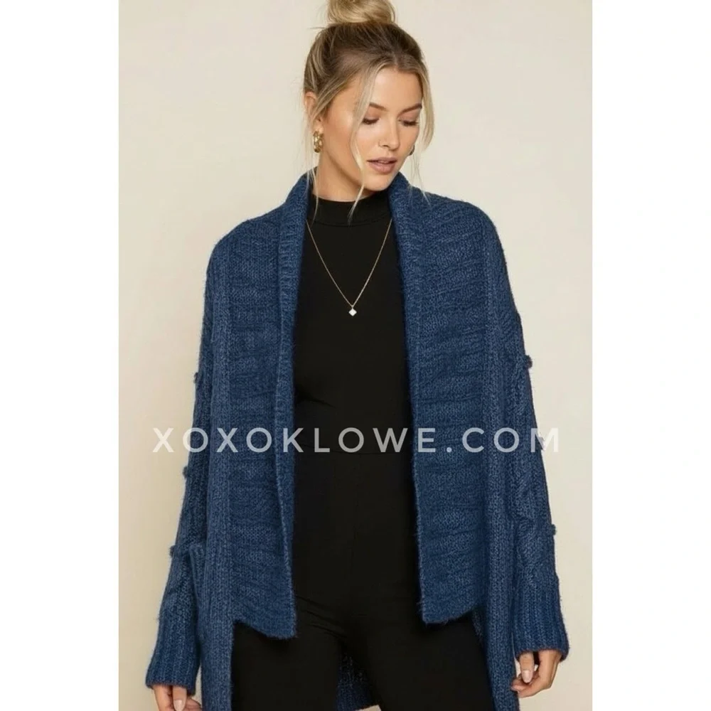 POL Ocean Blue Open Front Cable Knit Cardigan | Relaxed Fit